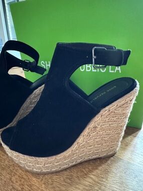 Shoe Republic LA: Annis/Black Suede Espadrille Wedge Sandals/ Size 7